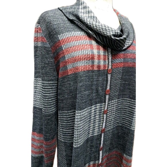 Pure Essence Knit Tunic Top Women L Gray Red Plaid Cowl Neck Button Detail Retro - Picture 1 of 8